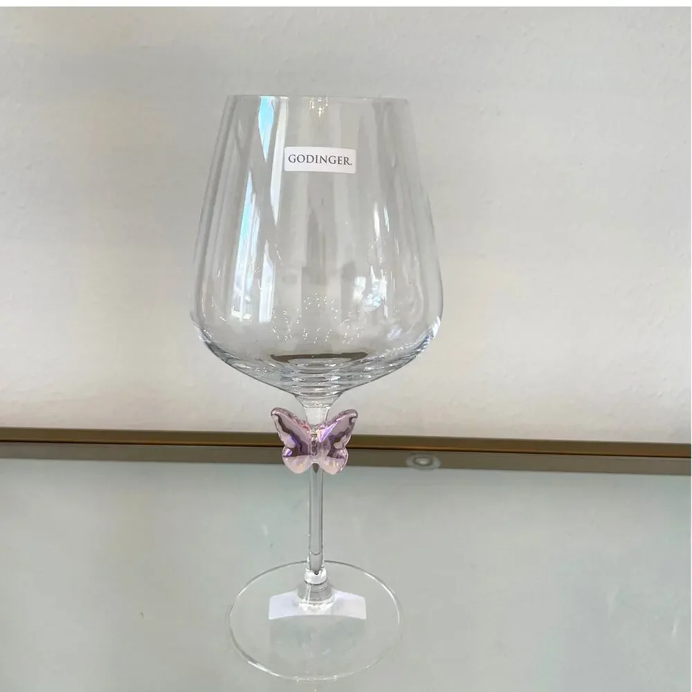 NEW Godinger Pink Butterfly Wine Glass Set of 2 Chic Barware